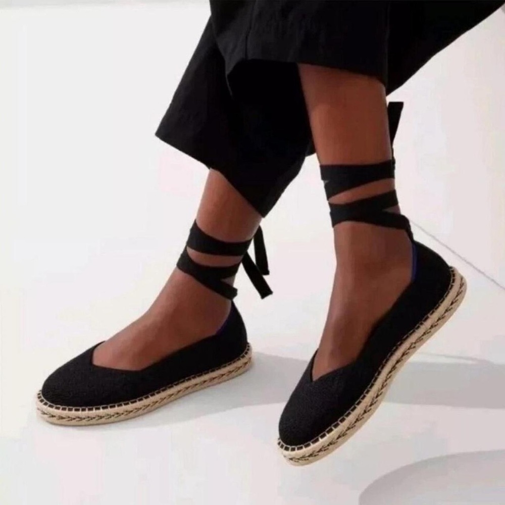 Rothy’s The Espadrille Black Lace Up Shoes Excellent Condition